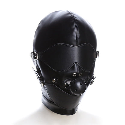 Black BDSM hood with detachable blindfold and removable ball gag