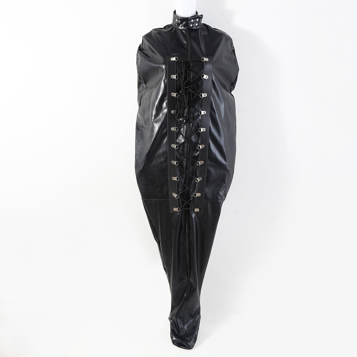 Black PU leather full body bondage sack with front lacing