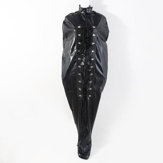 Black PU leather full body bondage sack with front lacing