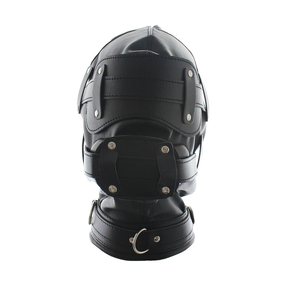 Lockable BDSM hood with detachable phallic gag and blindfold