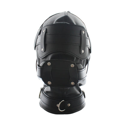 Lockable BDSM hood with detachable phallic gag and blindfold