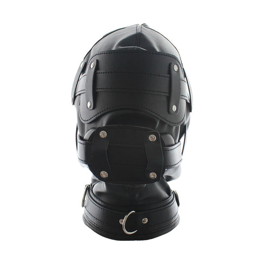 Lockable BDSM hood with detachable phallic gag and blindfold