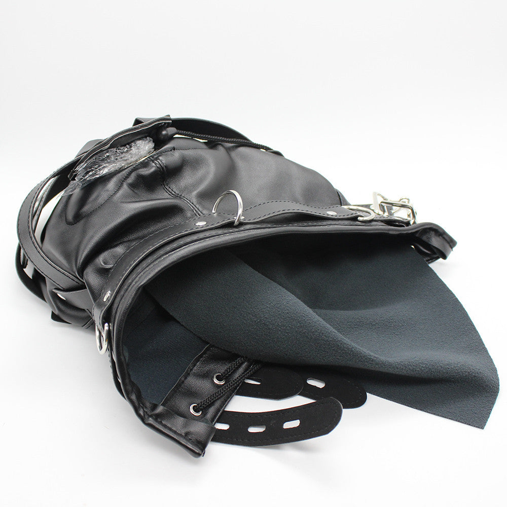 BLACK LOCKABLE BDSM HOOD WITH PHALLIC GAG
