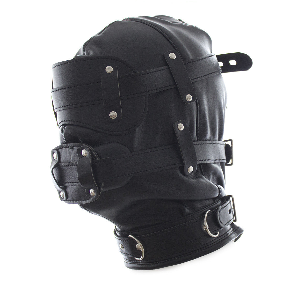Detachable blindfold on lockable black BDSM hood