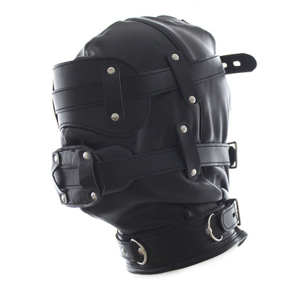 Detachable blindfold on lockable black BDSM hood