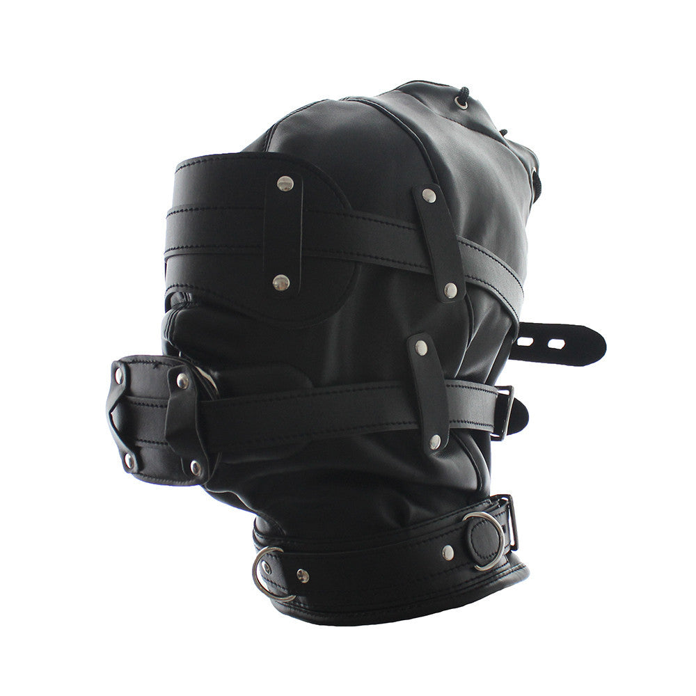 Detachable phallic gag on modular PU leather BDSM hood