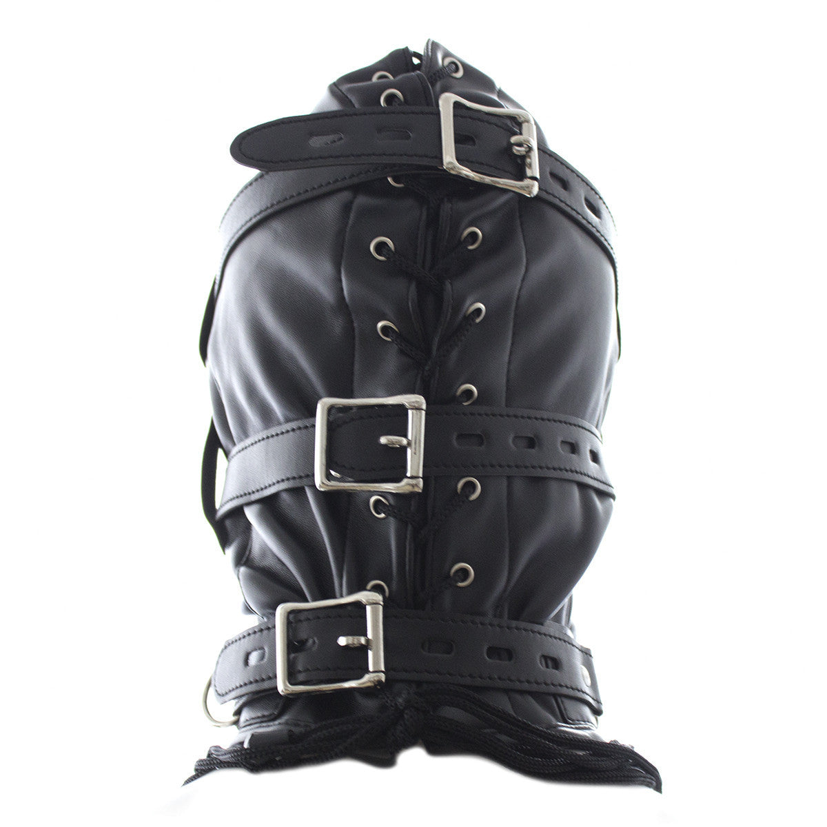 BLACK LOCKABLE BDSM HOOD WITH PHALLIC GAG