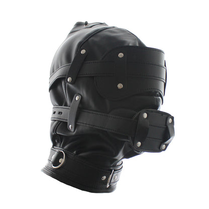 BLACK LOCKABLE BDSM HOOD WITH PHALLIC GAG
