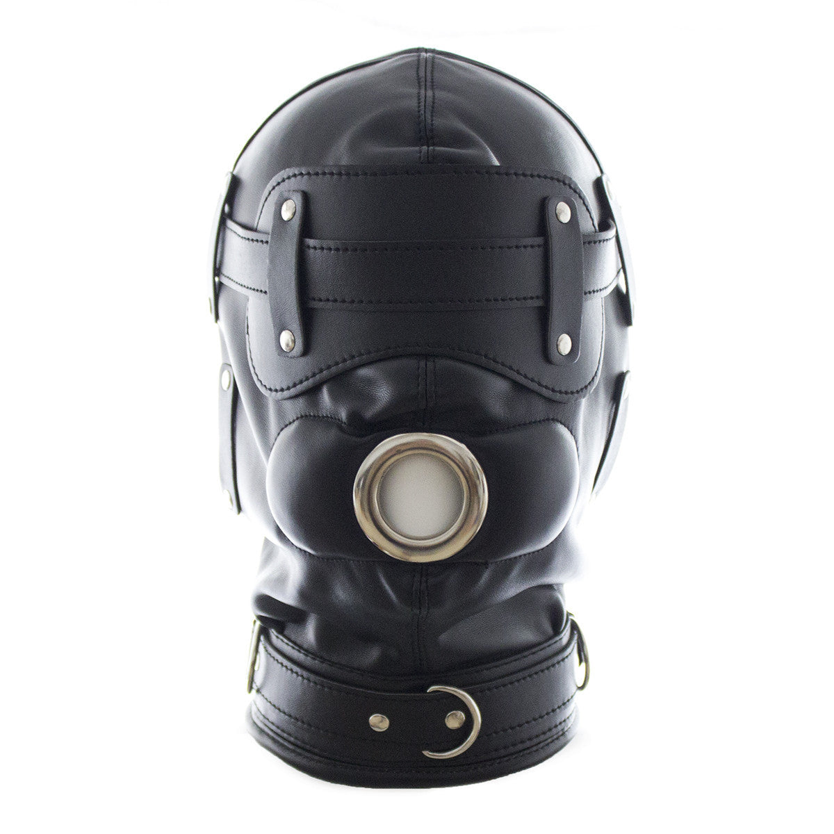 Padlock-ready hardware on black PU leather BDSM hood