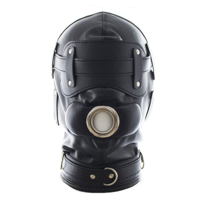 Padlock-ready hardware on black PU leather BDSM hood