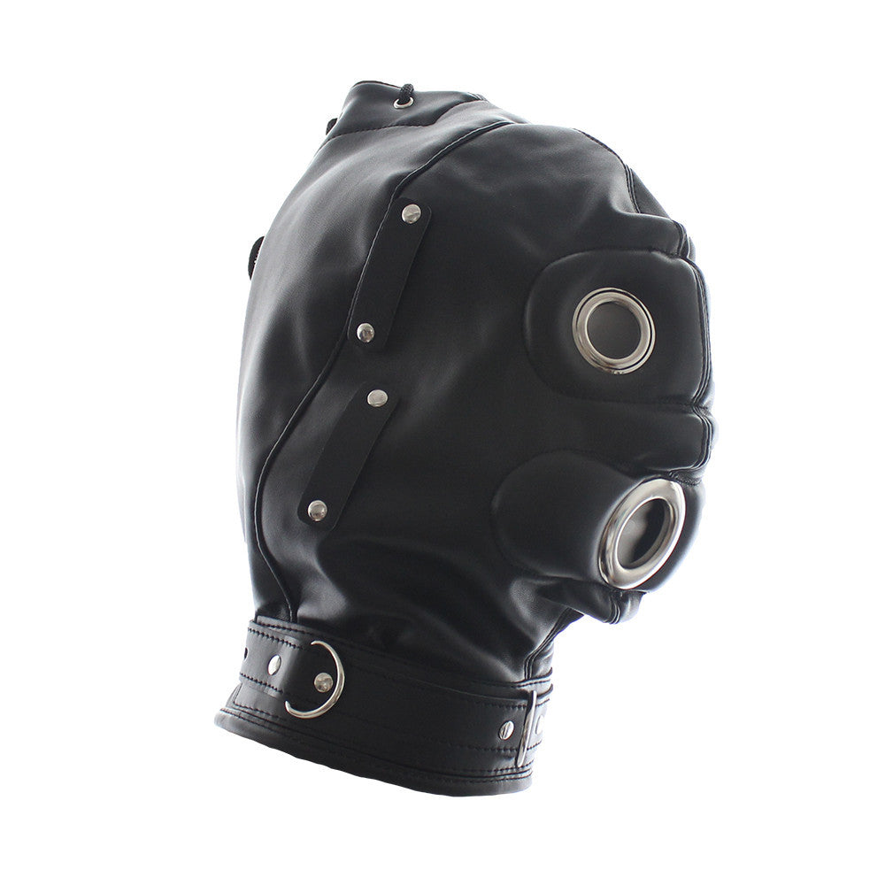 BLACK LOCKABLE BDSM HOOD WITH PHALLIC GAG