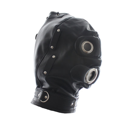 BLACK LOCKABLE BDSM HOOD WITH PHALLIC GAG