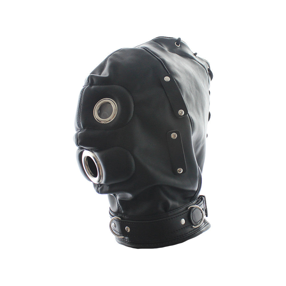 BLACK LOCKABLE BDSM HOOD WITH PHALLIC GAG
