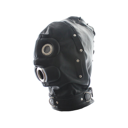 BLACK LOCKABLE BDSM HOOD WITH PHALLIC GAG
