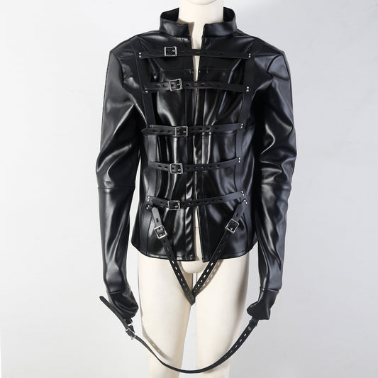 Classic PU leather straight jacket harness with buckle straps