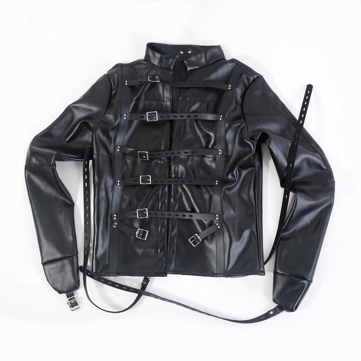 Cross-arm restraint design on black PU leather straight jacket harness