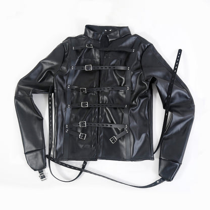 Cross-arm restraint design on black PU leather straight jacket harness