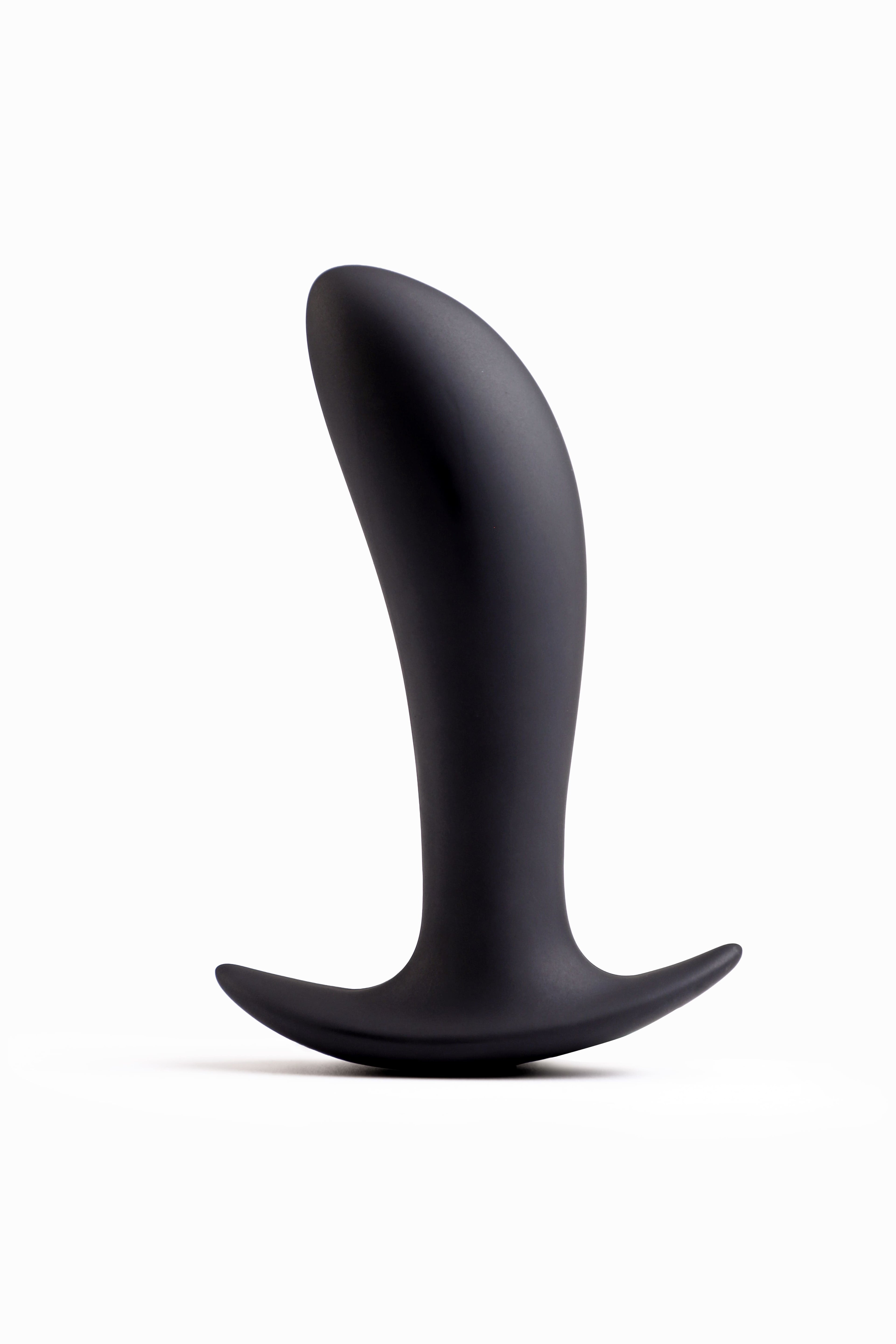 side view of vibrating anal plug with ergonomic curve and remote control