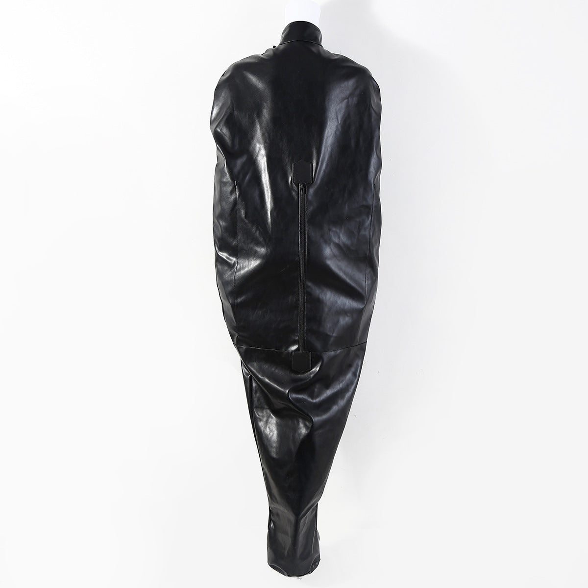 Rear zipper closure on full body bondage sack