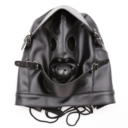 Removable 4.5 cm ball gag on black BDSM hood