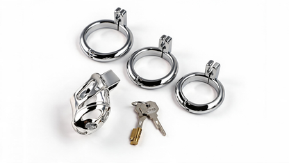 ZINC ALLOY CHASTITY CAGE WITH INTERCHANGEABLE LOCKING RINGS